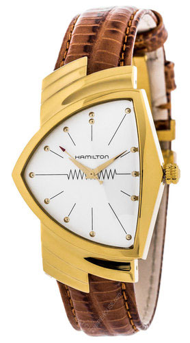 A high-end men’s gift of a Cartier watch with a triangular bezel and brown leather strap