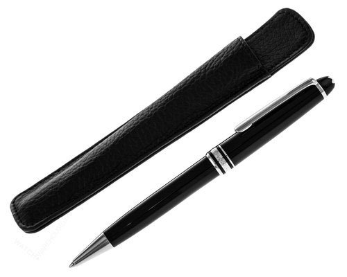 A black Mont Blanc ballpoint pen with a leather travel pouch