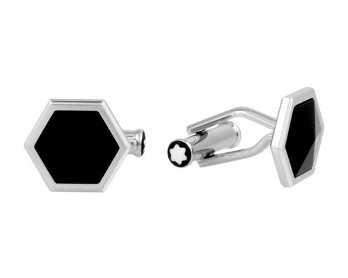 Two hexagonal silver cufflinks with black onyx stones